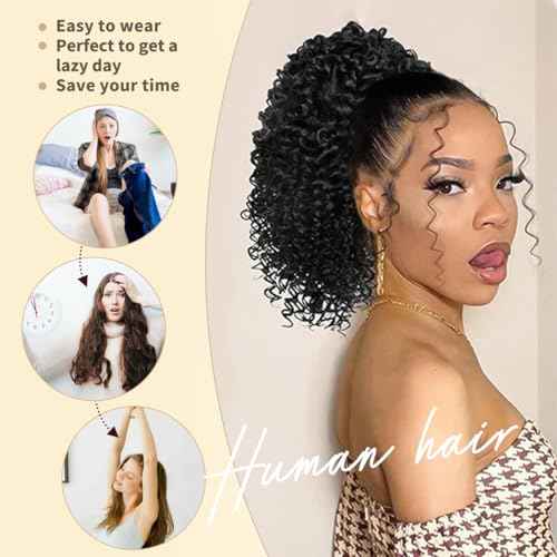 isheeny Curly Drawstring Ponytail for Black Women, 100% Human Hair Extension 14Inch Add Length & Volume in 3 Mins