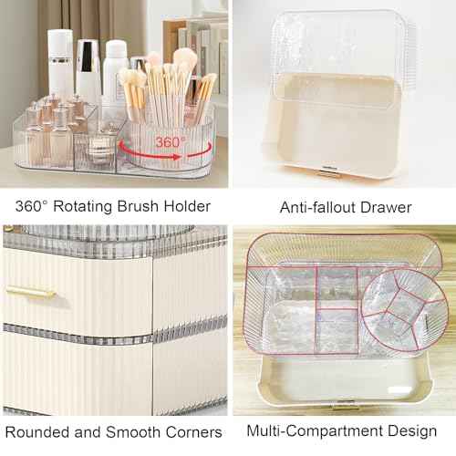 DASITON Makeup Organizer with Drawers and Rotating Makeup Brush Holder,Large Capacity Stackable Cosmetic Organizer Countertop,Bathroom Organizers and Storage,Make up Organizers for Vanity (Clear 02)