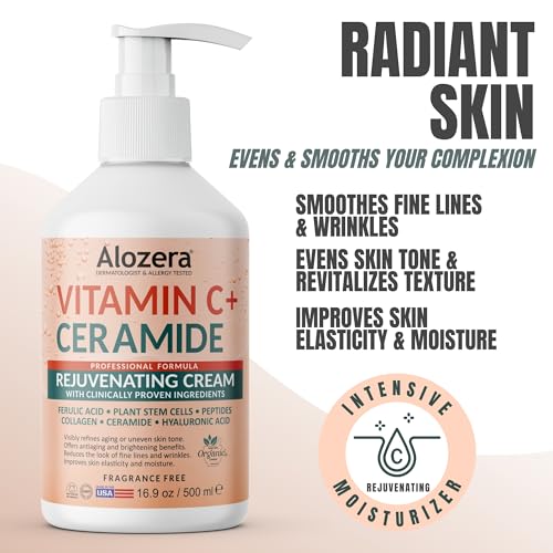 Alozera Vitamin C Body Lotion with Ceramides & Stem Cells, Anti-Aging Moisturizing Body Cream for Noticeably Brightening & Visibly Even Skin Tone, Lightweight, Fragrance Free, 16.9 oz, 2 Pack
