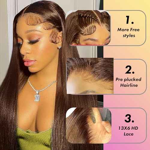 28 Inch Brown Straight Wig Human Hair 13x6 Hd Lace Front Human Hair Wigs For Black Women Glueless Lace Front Wigs Pre Plucked 180% Density Brown Wig