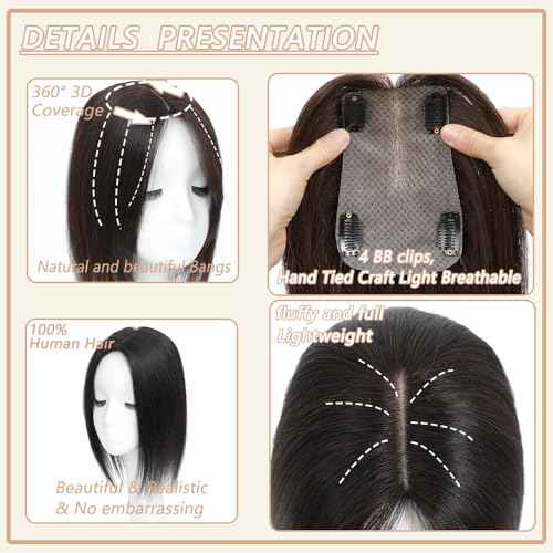Hair Toppers for Women Real Human Hair,360¡Æ3D Big Basement Cover Topper for Women with Thinning Crown with Wispy Clip in Bangs Realistic Scalp (Dark brown, 3D Wispy Bangs 16INCH)
