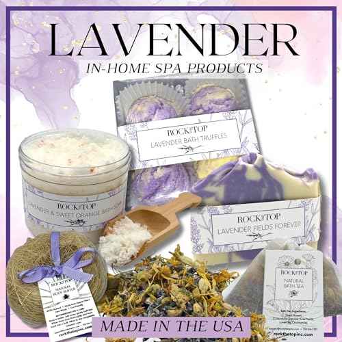 USA Made | 6 Lavender Self Care Gifts for Women, Bath Bombs (Truffles), Plant Based Dry Brush Body Brush Loofah, Epsom Salt Bath Soak, Handmade Soap, Herbal Bath Tea, Self Care Gift Box.
