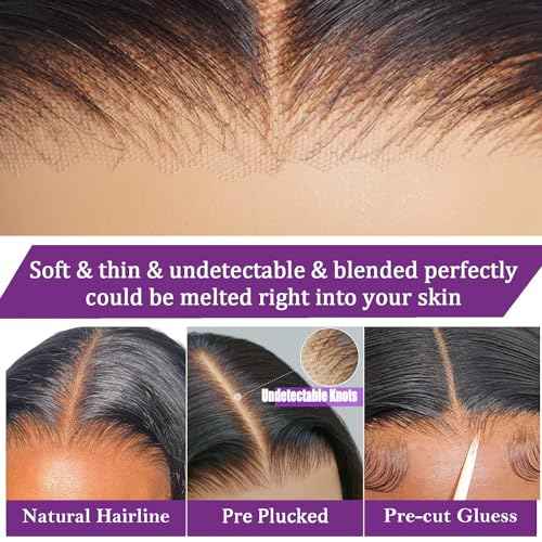 Body Wave Glueless Wig Human Hair 28 Inch Pre Plucked Pre Cut Glueless Lace Front Wig Ready to Wear 6x4 Body Wave Closure Wig 180% Density Human Hair Bleached Knots Natural Black