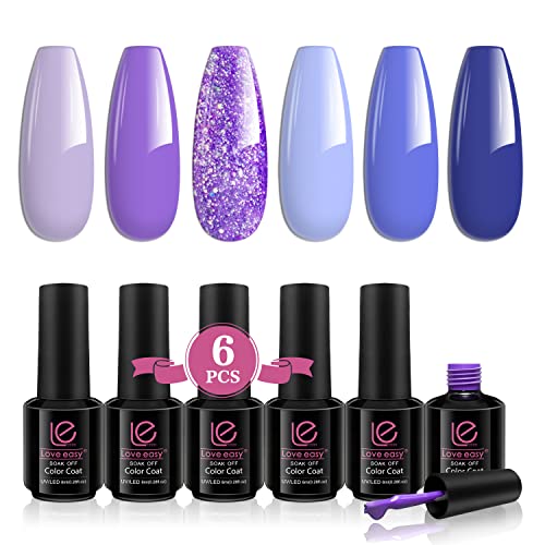 le love easy 6Pcs Gel Nails Polish Kit Blue Purple Set, Purple Violet Glitter Colors Gel Nail Kit, for Women Girls Valentines Birthday Day Gift