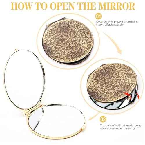 Retro metal compact travel mirror 1x/2x magnification compact portable foldable, used as a compact magnifying glass for wallets and pockets, distortion free folding portable compact mirror (bronze)