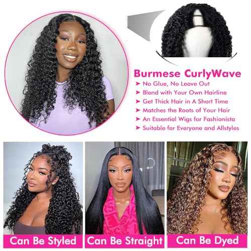 Ainmeys V Part Wigs Human Hair With Drawstring Burmese Curly Human Hair wigs Ready To Go Glueless Wigs Upgrade U Part Wigs Glueless Full Head Clip In Half Wigs With Spiral End (20inch