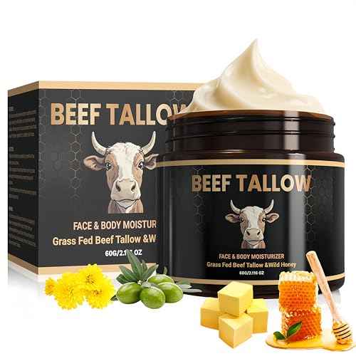Beef Tallow for Skin, Grass-Fed Beef Tallow and Honey Balm with Olive Oil, Whipped Face Moisturizer Cream for Body, Natural Formula for Dry & Sensitive Skin, Light Scent (2.11, Unscented)