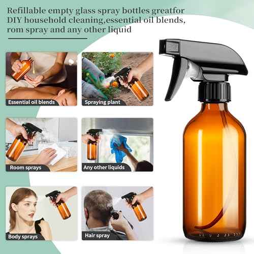 8oz Amber Glass Spray Bottles,6 Pack Glass Spray Bottles Refillable Empty Bottle with Adjustable Nozzle,Spray Bottle for Essential Oils,Cleaning Solutions,Pets,Hair Mister,Gardening