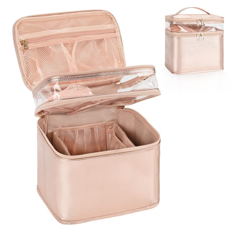 OCHEAL Large Makeup Bag, Double Layer Makeup Bag, Vertical Storage Cosmetic Case for Women/Girls with Multiple Compartments-Rose Gold