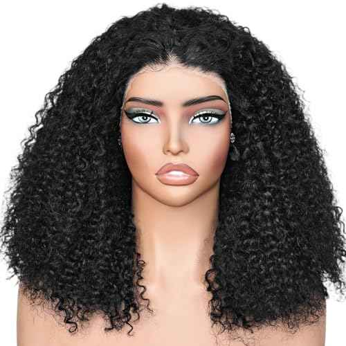 Afro Kinky Curly Wig Human Hair, 13x4 Lace Front Curly Afro Glueless Wigs 180 Density, Pre Plucked Transparent Lace Frontal, Brazilian Human Hair Bob Wig for Women, Natural Black 18 Inch