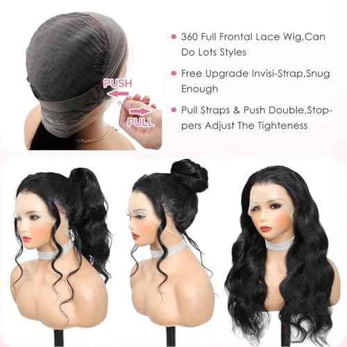 360 Lace Front Wigs Human Hair 220% Density Hidden Straps Body Wave HD Lace Front Wigs with Drawstring 360 Full Lace Wigs Brazilian Virgin Human Hair Wig for Women Natural Black 16Inch