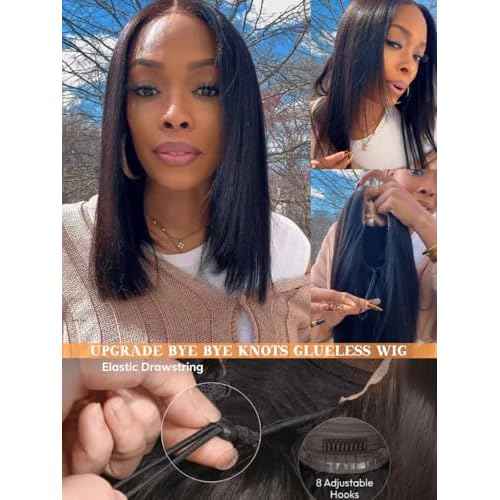 Julia Hair 12 Inch Yaki Straight Drawstring Wigs Human Hair Put On and Go Glueless Bob Wig 7x5 Bye Bye Knots Pre Plucked Pre-Cut Lace Closure Wig Beginner Friendly Black Short Yaki Bob Bleached Knots