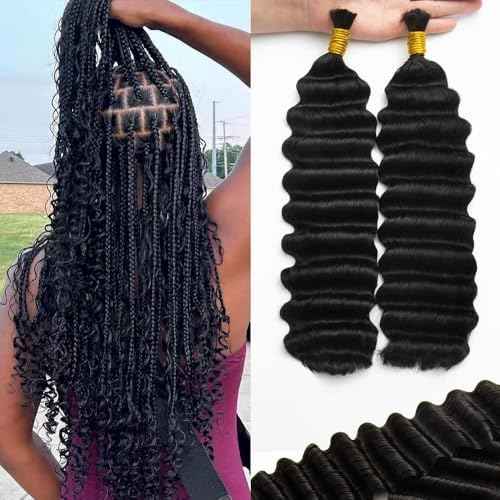 KRN Human Braiding Hair for Boho Braids, 100g/Pack (2 Bundles) Deep Wave Bulk Human Hair for Braiding 12A Grade Brazilian Virgin Hair Boho Hair for Braiding No Weft Bundles Curly Braiding Hair 18Inch