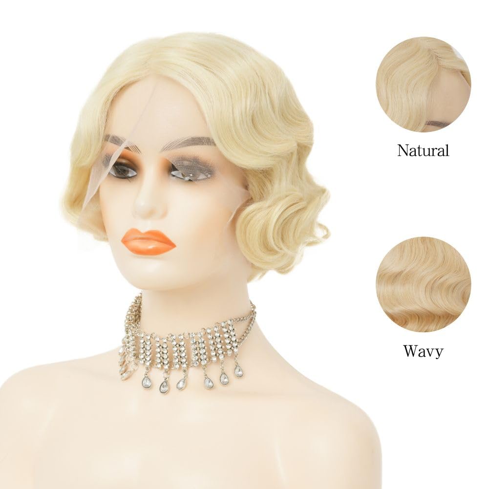 Siudus Blonde Lace Front Finger Wave Wig for Women Short 1920s Curly Wig Natural Synthetic Heat Resistant Fibre Hiar for Cosplay Daily Use