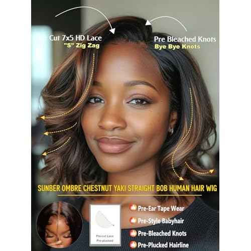 Sunber Ombre Chestnut Brown Light Yaki Straight Bob Human Hair Wigs Bye Bye Knots Pre Cut 7x5 HD Lace Front Lace Put On and Go 3s Wear Glueless Brown Yaki Bob Wig Pre Bleached Invisible Knots 12Inch