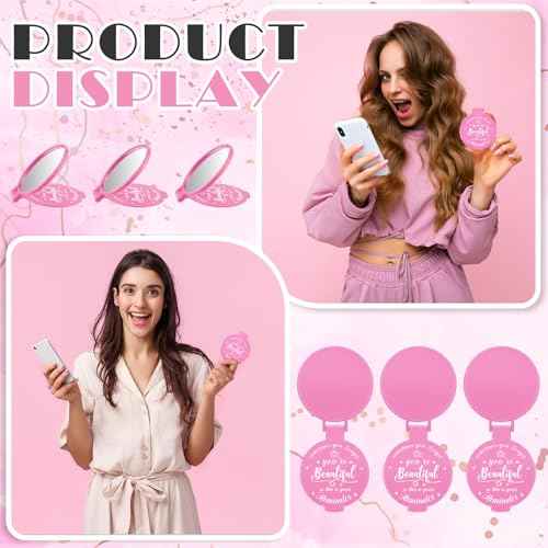 18 Pcs 2.76 Inch Inspirational Compact Mirror Bulk Party Favors Quinceanera Gift Purse Small Mirror Pocket Mini Gifts for Women Adult Coworker Halloween Christmas Friends (Pink)