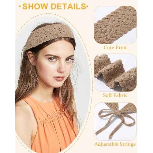 HAIMEIKANG Hippie Hair Bandana Headbands for Women Boho Headband Knit Hair Bands Floral Head Wrap for Women and Girls(Black+Beige+Coffee)