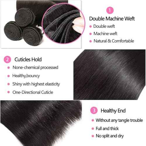 Straight Human Hair 3 Bundles 20 22 24 Inch Peruvian Virgin Human Hair Bundles 100% Unprocessed Straight Hair Bundles Hair Extension Double Weft Nature Black for Black Women