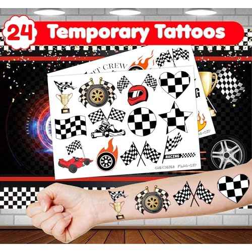 36PCS Checkered Flag Party Favors - 24PCS Temporary Tattoos & 12PCS Stamps - Ideal Black and White Race Flag Themed Birthday Card Decorations Supplies Goodie Bag Cute Rewards for Boys Girls Gifts