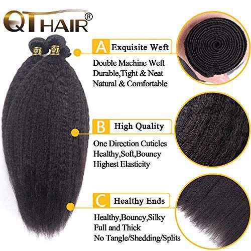 QTHAIR 16A Brazilian Kinky Straight 3 Bundles 16 18 20 Inch Yaki Straight Human Hair Bundles 100% Unprocessed Virgin Brazilian Human Hair Weave Natural Black