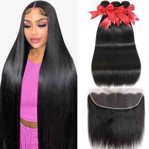 12A Straight Bundles with Frontal Human Hair 20 22 24+18 Inch Brazilian Human Hair Bundles with Frontal 100% Unprocessed Virgin Weave Hair with 13x4 HD Lace Closure