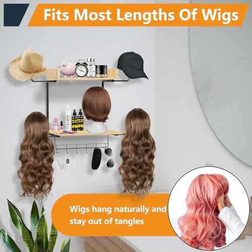 Hanging Wig Organizer with 6 Hooks, Wall Mounted Wig Stand and Wooden Storage Shelf