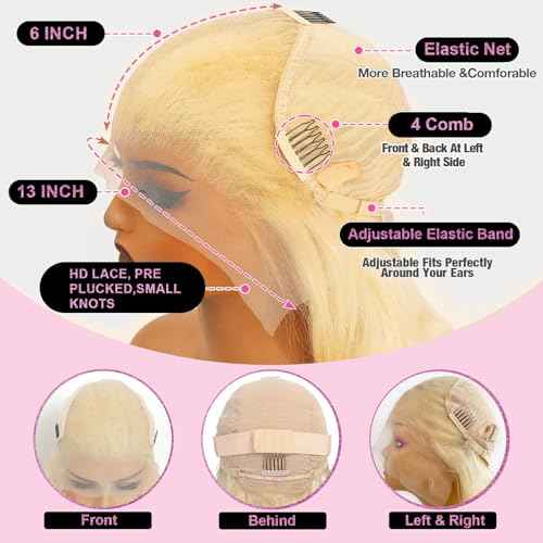 26 Inch 613 Lace Front Wig Human Hair 200 Density Blonde Wig Human Hair Body Wave Blonde Lace Front Wigs Human Hair Pre Plucked 613 HD Lace Frontal Wig 13x6