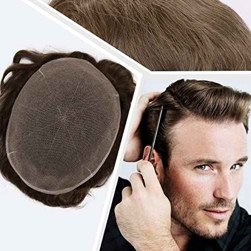 Men toupee Toupee for Men Undetectable Swiss Full Lace Men's Toupee European Human Hair Reaplacement Systems Hair Pieces Free Hairstyle 8X10 Inches(#17 Light Blonde Brown Color)