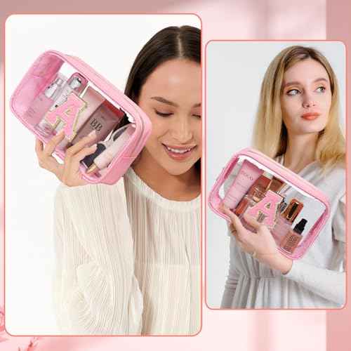 Initial Clear Makeup Bag Small Cosmetic Bag Travel Toiletry Bag Clear Zipper Pouch Purse Organizer Bags for Women (PINK-M, S)