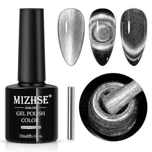 MIZHSE 9D Cat Eye Gel Nail Polish, Silver Magnetic Gel Polish with Magnet Stick, Magic Shimmer Galaxy Effect Holographic Glitter Silky Cat Eye Nail Polish Soak Off Nail Art Salon Manicure DIY at Home