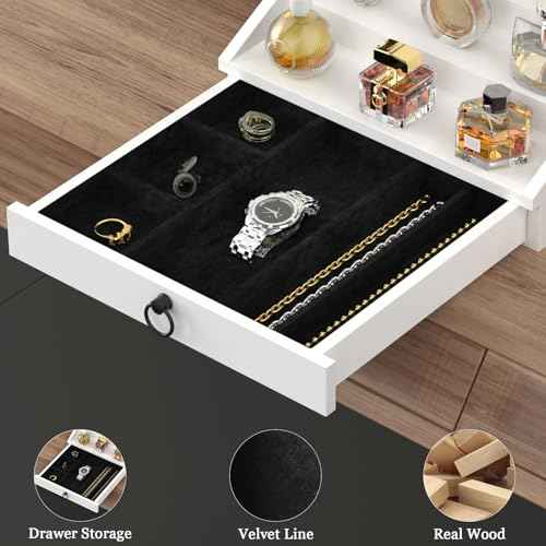 Wooden Cologne Organizer for Men Enhanced 5 Tier Cologne Stand Shelf Perfume Organizer with Velvet Lined Drawer & Hidden Storage Perfume Display Holder for Dresser Nice Gift (Elegant White)