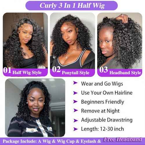 Deep Wave Half Wig Human Hair 200% Density Wear Go Glueless Wigs Human Hair Curly 3 In 1 Half Wigs 22 Inch for Women Drawstring Seamless Flip Headband Wig Beginner Friendly