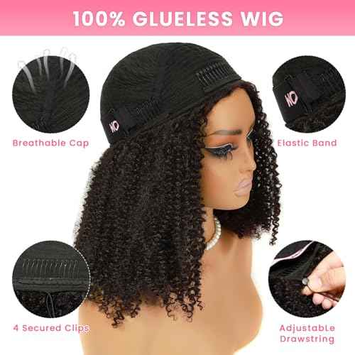 WOWANGEL Kinky Curly Half Wig Human Hair 3-in-1 Glueless Headband Wig with Drawstring, 200 Density Seamless Clip-Ins & Flip Over Design for Black Women,Natural Black(1B#),18 inch