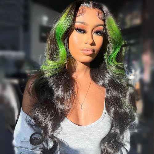 JYZ Skunk Stripe Human Hair Lace Front Wigs Green Highlights Wig Wavy 13X4 HD Lace Front Wigs Human Hair 200% Density Pre Plucked with Baby Hair 22inch Middle Part