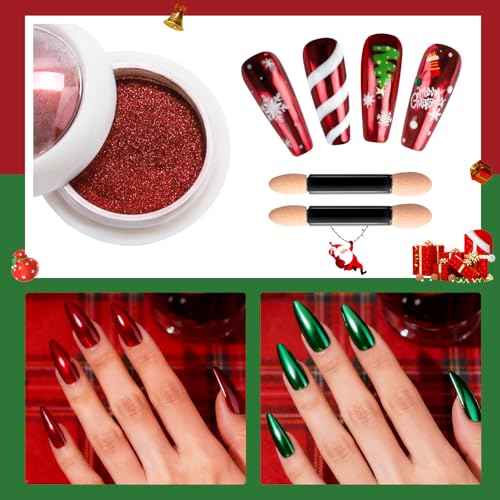 Upgraded Red Green Chrome Nail Powder BISHENGYF: ¡¼NO.1 Super Christmas Effect¡½Christmas Red Chrome Nail Powder Holographic Mirror Metallic Effect Green Chrome Powder for Nail Art DIY