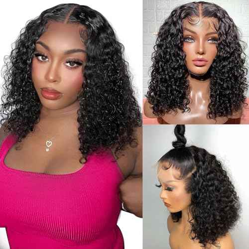 14 Inch Deep Wave Lace Front Wigs - Pre Plucked 200 Density Bob Wig - Glueless, Short Curly Human Hair Wig - Natural Black