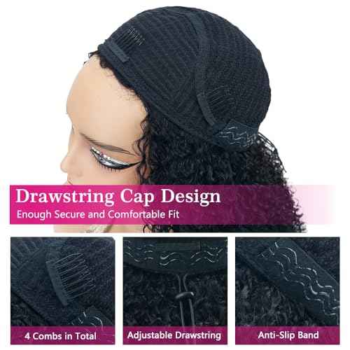 Afro Kinky Curly Human Hair Half Wigs for Black Women Wear & Go Glueless Wigs Human Hair Seamless Kinky Curly Flip Over Drawstring Clip in Half Wig No Sew In 200% Density Natural Color 22 Inch