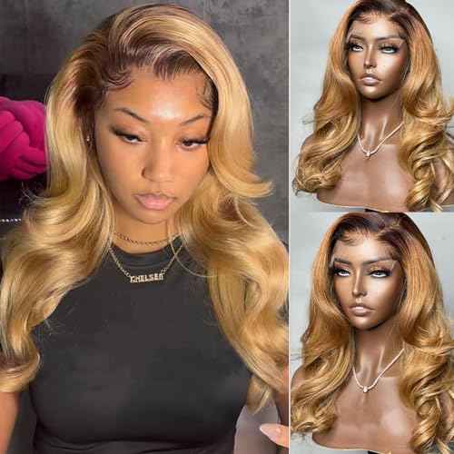 Highlight 13x6 HD Transparent Lace Front Wigs Human Hair Ombre P4/27 Colored Honey Blonde Frontal Wigs 150% Density Balayage Body Wave Human Hair Lace Frontal wig Pre Plucked with Baby Hair for Women