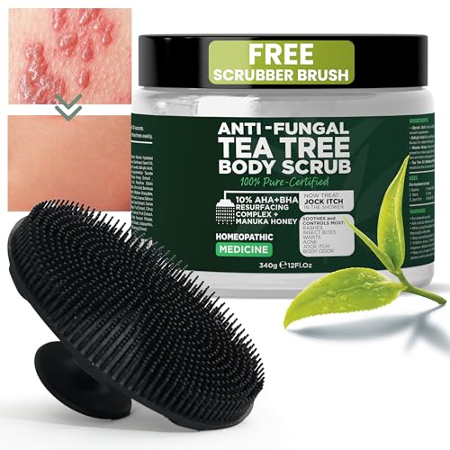 Terramed Just Think Comfort Antifungal Body Scrub with Tea Tree Oil ? Exfoliating Body Wash for Women & Men ? Soothes Itchy Skin, Rashes, Acne, Warts & Insects Bites ? 12 Fl oz with Scrubber Brush