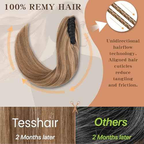 Claw Clip In Ponytail Extension, 100% Human Hair Ponytail Extension, No Tangle & Smooth, 115g, 18 Inch #Medium Brown & Dark Blonde