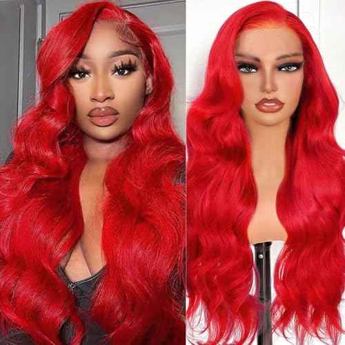 28 Inch Red Lace Front Wigs Human Hair 200 Density Red Body Wave 13x6 Lace Front Wigs Human Hair Pre Plucked 13x6 Colored HD Lace Frontal Glueless Wigs Human Hair for Women