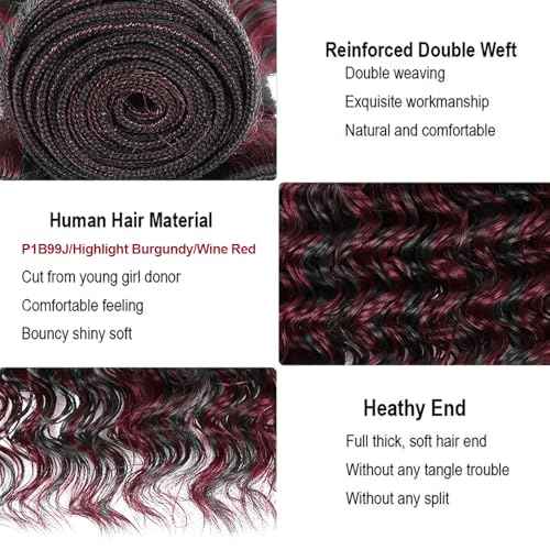 Highlight Bundle P1B99J Deep Wave Human Hair Bundles Two Tone Black Mixed With 99J Burgundy 3 Bundles 24 24 24 Inch Ombre Wine Red Bundle Hair Weave