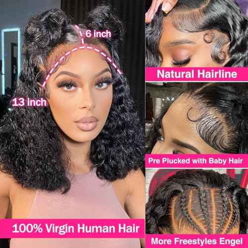 Bob Wig Human Hair 13x6 Deep Wave HD Lace Front Wigs Human Hair 250% Density Bob Curly Lace Frontal Wigs Brazilian Virgin Human Hair Wigs Pre Plucked with Baby Hair (Natural Color,10Inch)