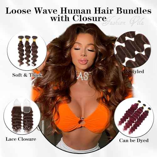 Brown Bundles with Closure Human Hair Loose Wave Human Hair Bundles with Closure (16 18 20+14£©12A Brazilian Virgin Hair Light Brown Loose Deep Wave 3 Bundles with 4x4 Closure 4# Color