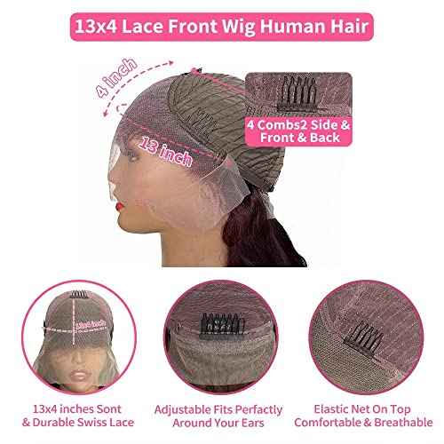 Burgundy Lace Front Wigs Human Hair Pre Plucked with Baby Hair Body Wave Lace Frontal Glueless Wigs Human Hair for Women 180% Density 13x4 Transparent HD Brazilian Virgin (26inch)