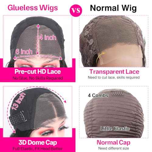 Straight Gluless Lace Wigs Human Hair Pre Bleached Invisible Knots 30 Inch 6x4 HD Lace Front Wigs Human Hair Glueless Wigs Human Hair for Women Pre Plucked 180% Density
