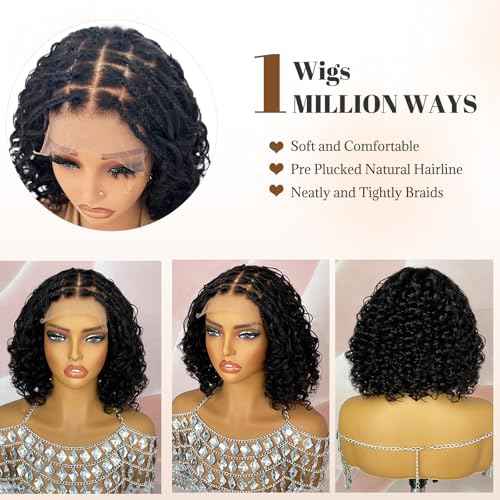 Munx Knotless Braided Wigs Human Hair 5x5 Closure Lace with Braided Bob Curly Deep Wave Square Parted Knotless Preplucked Boho Braided Lace Front Bob Wigs for African American 100% Human Hair 10in