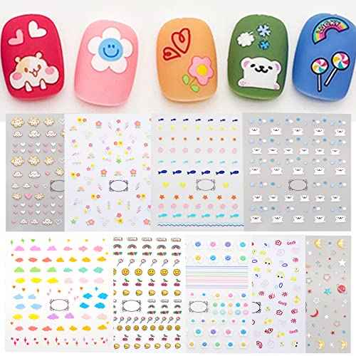 Cute Nail Stickers for Kids Including Animals Flowers Cloud Star Heart and More Self Adhesive Fingernail Decal Stickers for Little Girls Women Nail Art Decoration Fun (Pack of 9)