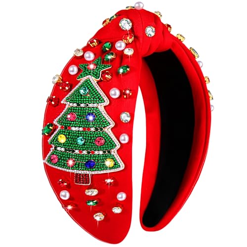 Christmas Headband for Women Jeweled Xmas Plaid Headband Embellished Crystal Pearl Knotted Headbands Wide Top Knot Holiday Headband Christmas Hair Accessories Holiday Outfits Gifts (Snowflake Red)