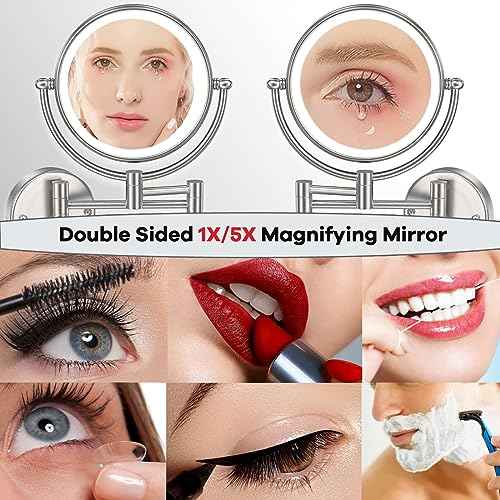 Bathroom Magnifying Makeup Mirror Wall Mounted with Light, Hardwired 7W LED Lighted Vanity Mirror, 360 Swivel 17.7 Inch Brass Extension Arm, Touch Dimmable, Brushed Nickel
